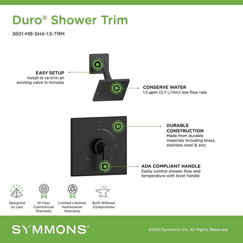 Symmons 3601-MB-SH4-1.5-TRM Duro Single Handle 1-Spray Shower Trim in Matte B...