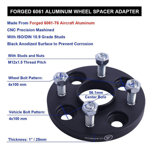 VLAOSCHI Black Forged 4x100 Hubcentric Wheel Spacers 1 Inch with 12x1.5 Studs...