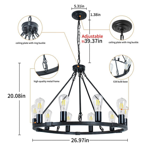 Black Wagon Wheel Chandelier, 10 Lights Farmhouse Ceiling Hanging Chandeliers...