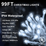 KNONEW 99FT 1216 LED Christmas Lights Outdoor Decorations 8 Modes White Curta...