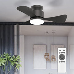 Black Ceiling Fan with Light, 28 Inch Small Low Profile Flush Mount Ceiling F...