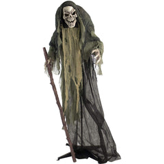 Haunted Hill Farm Life-Size Scary Skeleton Reaper Holding Staff, Halloween An...