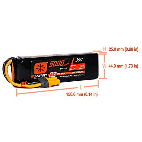 Spektrum 11.1V 5000mAh 3S 30C Smart G2 LiPo Battery: IC5, SPMX53S30, Multicolor