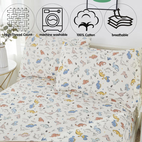 Brandream Cotton Gauze Bed Sheet Set Queen Size Boys Bedding Dinosaur Print S...