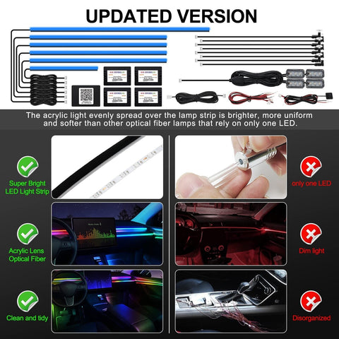 Acrylic Interior Car LED Strip Light with Wireless APP, RGB 18 in 1 with 175 ...