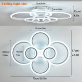 Modern LED Ceiling Light Fixture with Remote Dimmable 6 Ring White Flush Moun...