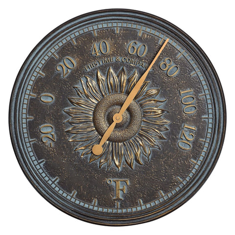 FirsTime & Co. Verdigris Calisto Sunflower Outdoor Wall Clock and Thermometer...