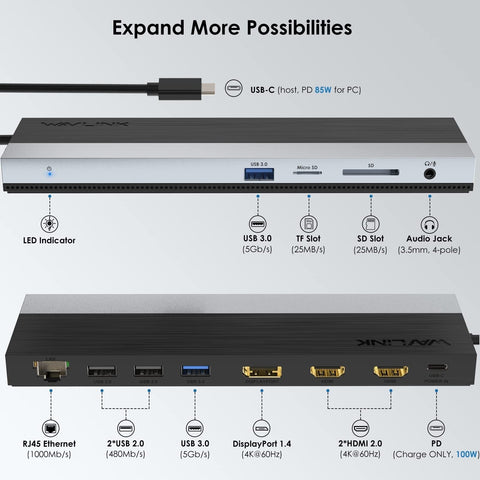 WAVLINK 4K USB C Docking Station Triple Display - Dual HDMI + DisplayPort, 85...