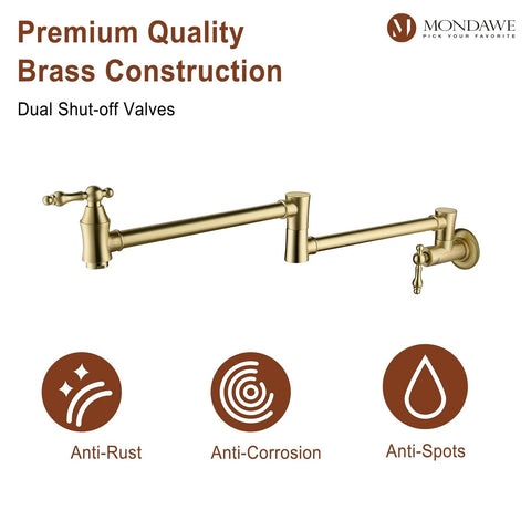 MONDAWE Brushed Gold Pot Filler Faucet, Wall Mount Stove Faucet, 1.8 GPM Retr...