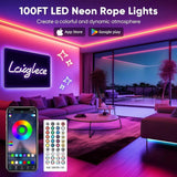 100FT LED Neon Rope Lights, Control with App/Remote, Waterproof Flex Neon Sig...