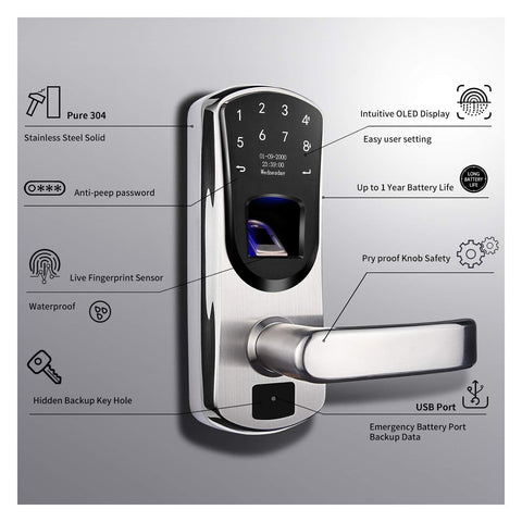 V8 Keyless Entry Smart Door Lock,Fingerprint Stainless Steel Touchscreen with...