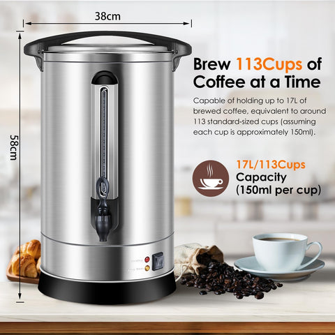 Coffee Urn 17L Large Coffee Dispenser with Internal Stage 113 Cups Full Stain...