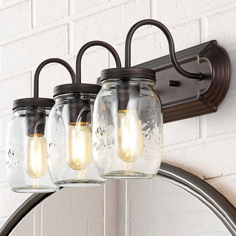 JONATHAN Y JYL7801A Gaines 3 Light Farmhouse Industrial Iron Mason Jar LED Va...