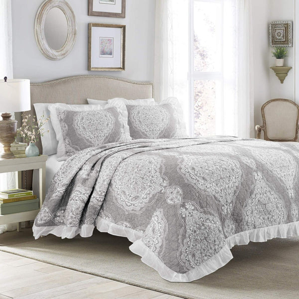 Lush Decor Lucianna Ruffle Edge Cotton 3 Piece Bedspread Set, King, Gray