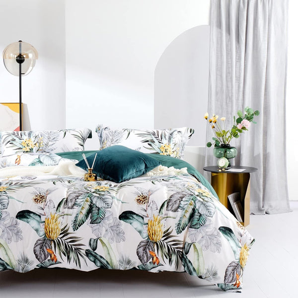 MILDLY 100% Long Staple Cotton Queen Duvet Cover Set, Green Palm Leaves Tropi...