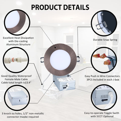 LED-Canless Downlight Recessed Lighting 4-inch 5 CCT Adjustable Dimmable Rece...