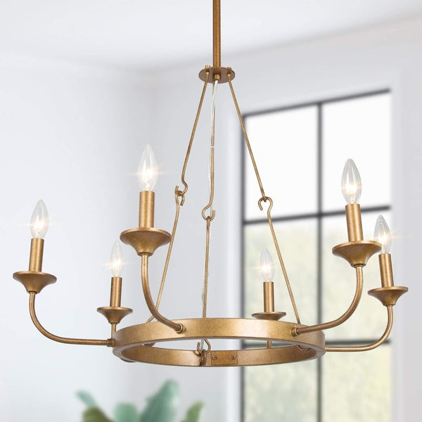 Uolfin Large Antique Gold Chandelier, Modern 6-Light Wagon Wheel Chandelier L...