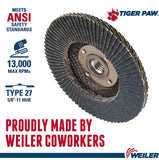 Weiler 51114 4-1/2" Tiger Paw Abrasive Flap Disc, Flat (Ty27), Phenolic Backi...