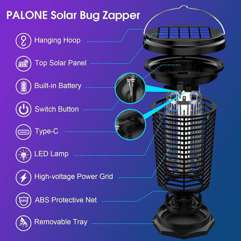 Solar Bug Zapper for Outdoor & Indoor, USB Rechargeable Mosquito Killer Lamp ...