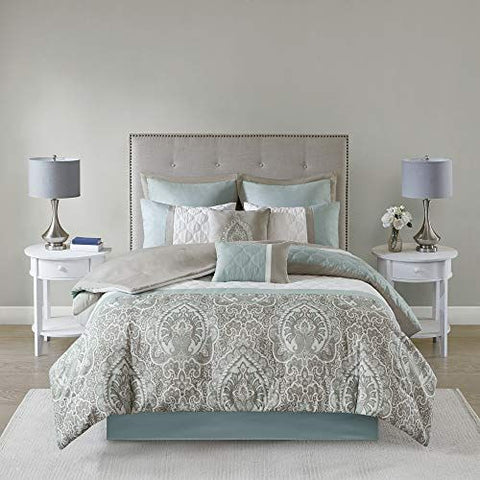 510 DESIGN Luxe Quilted Comforter Set Modern Queen, Scrollwork Seafoam