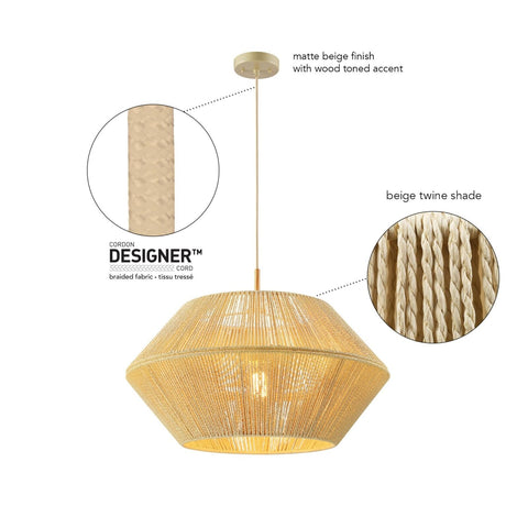 Globe Electric 67000154 1-Light Pendant Light, Wood Toned, Beige Paper Twine ...