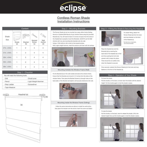 Eclipse Lane Cordless Roman Shades for Windows, Room Darkening, 47 in Wide x ...