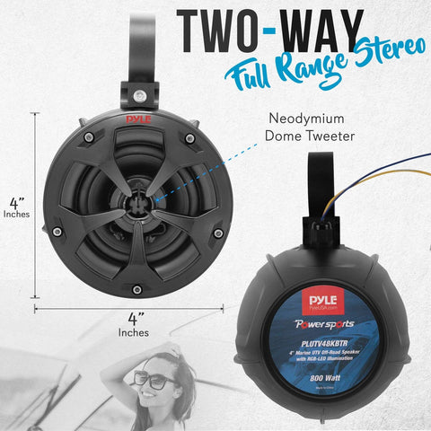 Pyle 2-Way Waterproof Off Road Speakers - 4" 800W Active Passive Marine Grade...