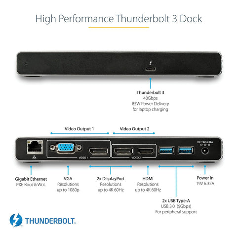 StarTech.com Thunderbolt 3 Dock - Dual 4K 60Hz Monitor TB3 Laptop Docking Sta...