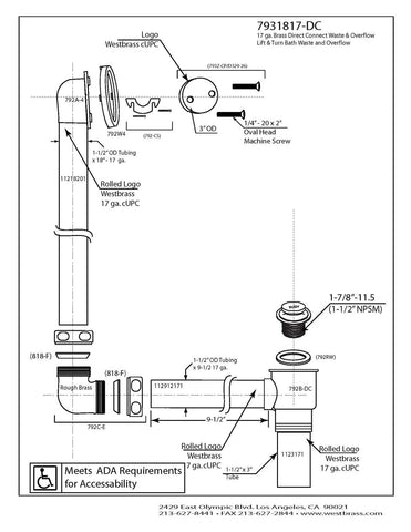 Westbrass 7931817-DC-07 18" Tip-Toe Drain Trim with 2-Hole Overflow Faceplate...