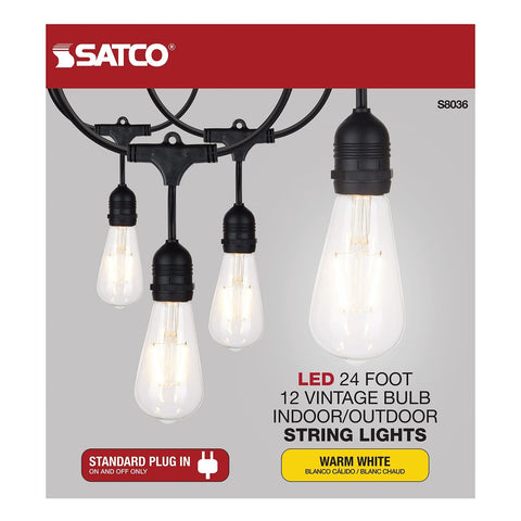 Satco S8036 LED Indoor/Outdoor String Lights, Black, ST19 Bulbs, 24 Feet (Pac...