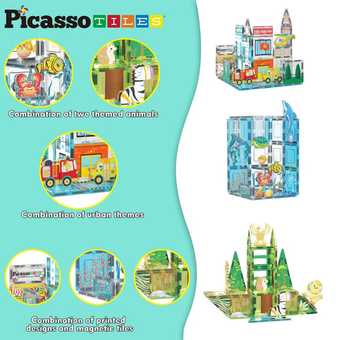 PicassoTiles Magnet Tiles Building Blocks 3-in-1 Aquarium Safari Animal & Met...