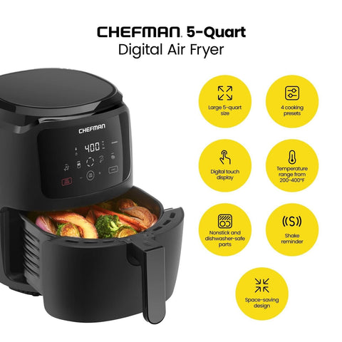 Chefman Digital Air Fryer, Large 5 Qt Family Size, One Touch Digital Control ...