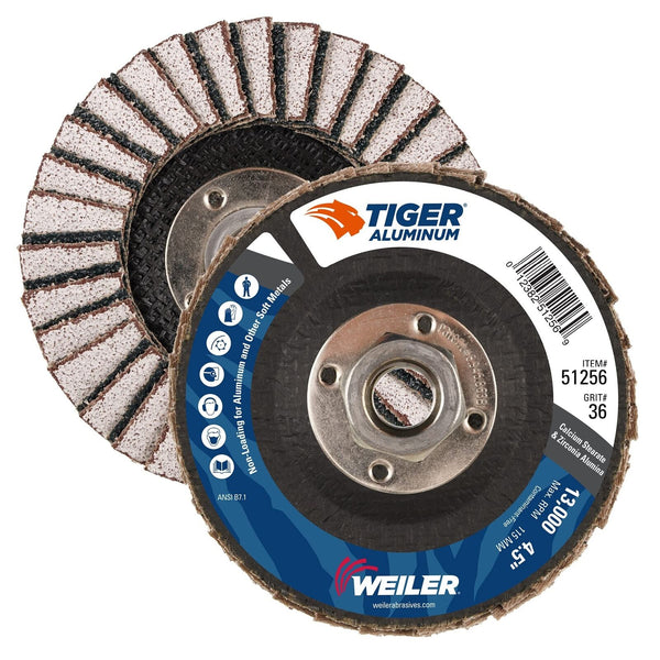 Weiler 51256 4-1/2"" Tiger Aluminum Flap Disc, Flat (Ty27), Phenolic Backing,...