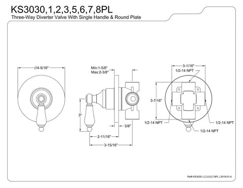 Kingston Brass KS3033PL Three-Way Diverter Valve with Trim Kit, Antique Brass