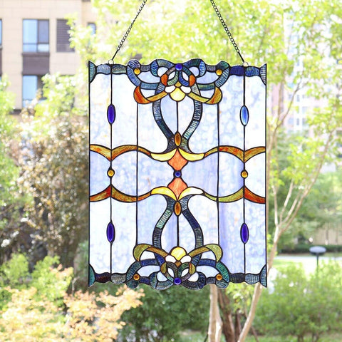 Bieye W10042 Baroque Tiffany Style Stained Glass Window Panel with Chain, Blu...