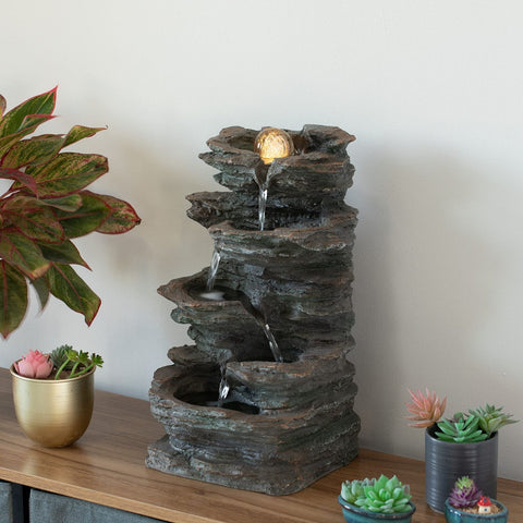 Gardenised Decorative 4 Tier Rock Look Water Fountain with LED Rolling Glow B...