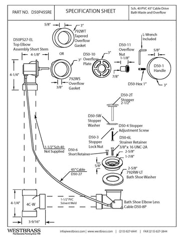 Westbrass D50P45SRE-01 45" Cable Drive Bathtub Drain Trim with Rotary Overflo...