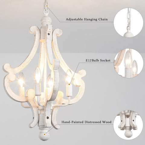 Wooden Farmhouse Chandelier 4 Lights Rustic Antique White Chandelier for Dini...