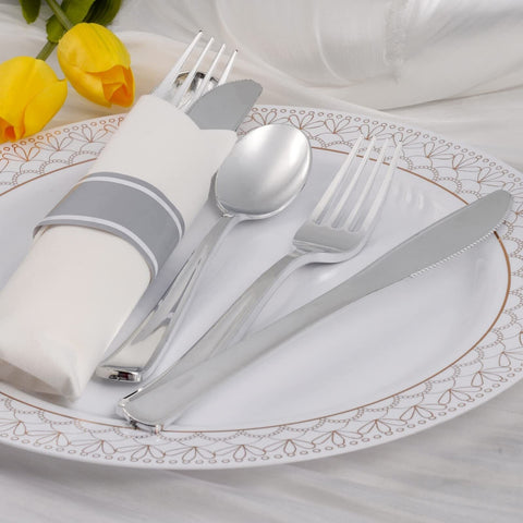 Silver Plastic Silverware with Napkins - 100 Pack Premium Disposable Silver P...