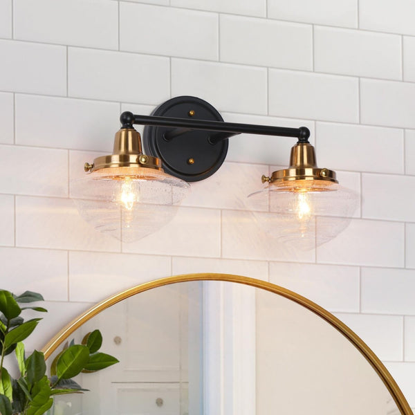 2 Light Bathroom Vanity Light, Black and Gold Vanity Light with Seeded Glass ...