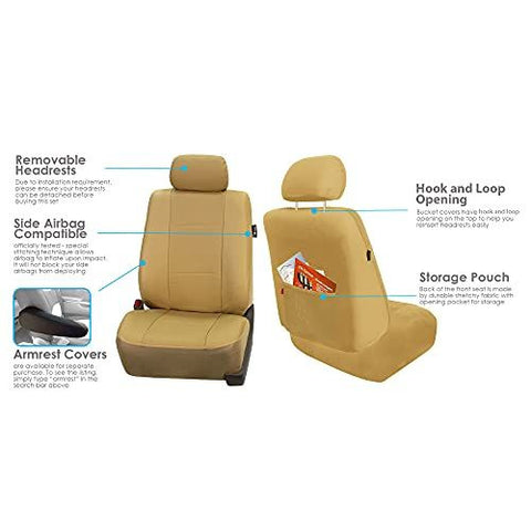 FH Group Three Row Car Seat Covers Deluxe Leatherette with 8 Headrests, Beige