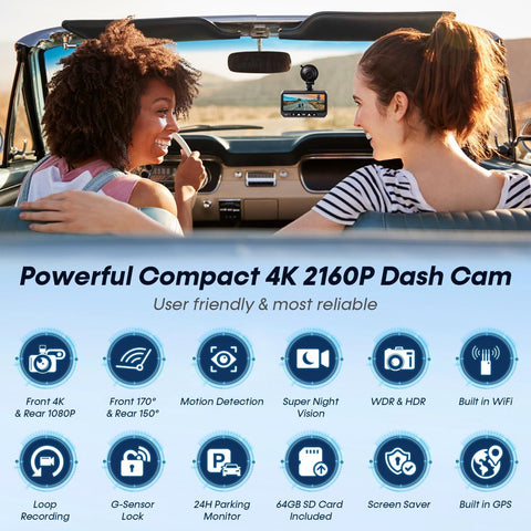 Smart Dash Cam GPS APP: 4K 2160P USB Easy Install 5G WiFi Front Rear Car Came...