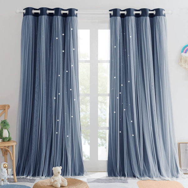 PONY DANCE Star Curtains for Girls Bedroom - Double Layer Sheer Overlay with ...