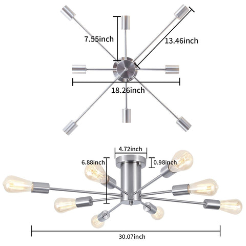 Brushed Nickel Sputnik Ceiling Light Fixture,8 Lights Semi Flush Mount Ceilin...