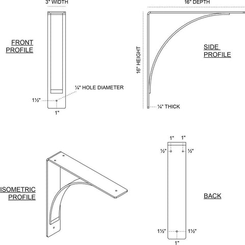 Ekena Millwork BKTM03X16X16MOHSV Steel Bracket Morris, 3"W x 16"D x 16"H, Ham...