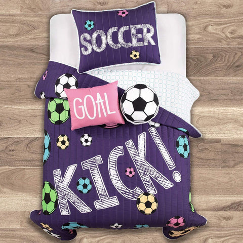 Lush Decor Girls Soccer Bedding - 4 Piece Quilt Set, Twin, Purple