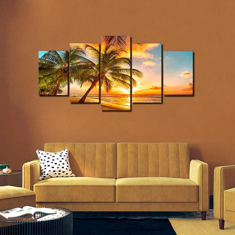 Golden Seascape Ocean Beach Wall Art Cozy Sea Artwork Modern Ocean Sunset Sea...