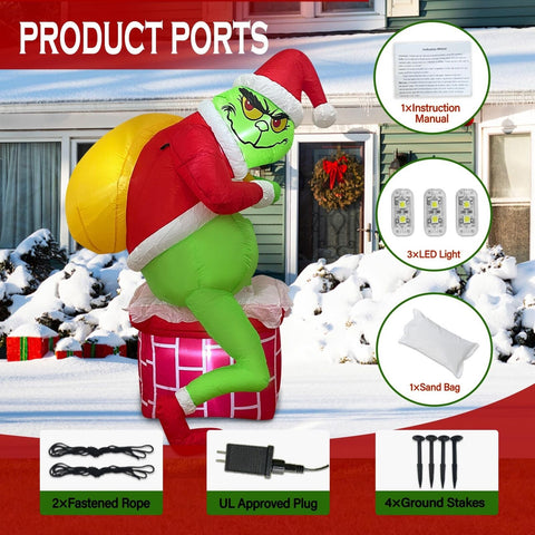 Christmas Inflatable G r in. Ch, Green Santa Chimney Inflatables Outdoor Deco...