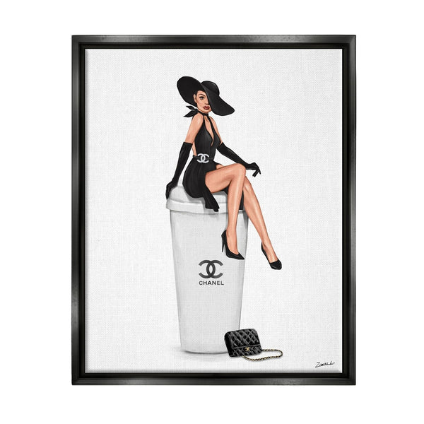 Stupell Industries Girl in Black Dress Fashion Black Framed Floater Canvas Wa...