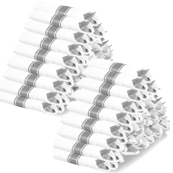 Silver Plastic Silverware with Napkins - 100 Pack Premium Disposable Silver P...